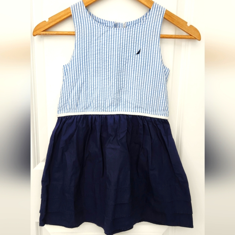 Nautica Girls' Stripe Oxford Bodice Dress with Jersey Skirt Pleated Hem- Size 7